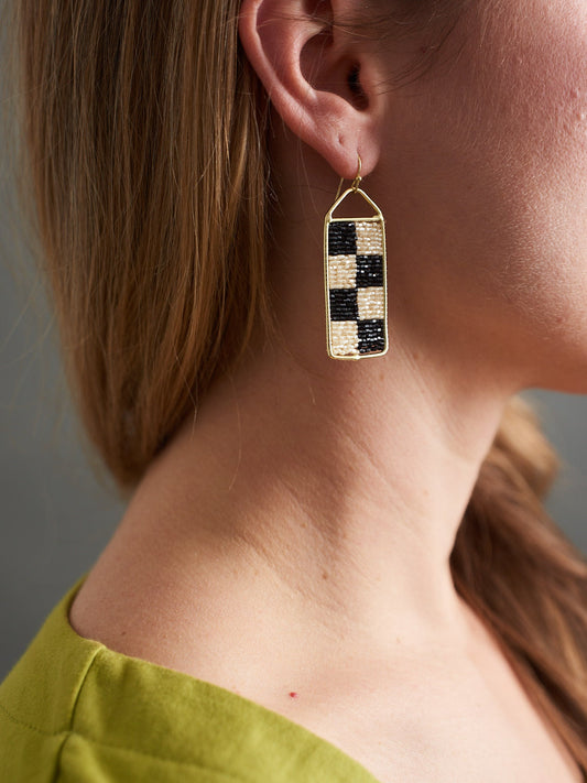 Checker Beaded Earrings - Black